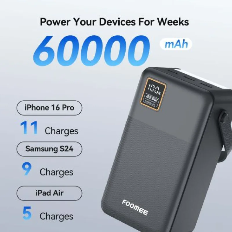 FOOMEE AF60 60000mAh 22.5w super fast charging Power Bank with Built-in Strap and Flashlight view 3