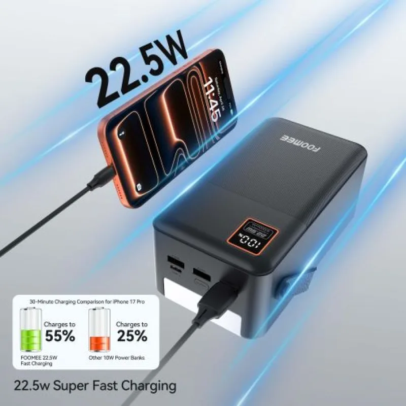 FOOMEE AF60 60000mAh 22.5w super fast charging Power Bank with Built-in Strap and Flashlight view 4