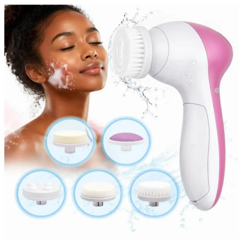 5-in-1 Electric Facial Cleansing Brush & Pore Massager – Deep Clean Skin Care Device (Pink)