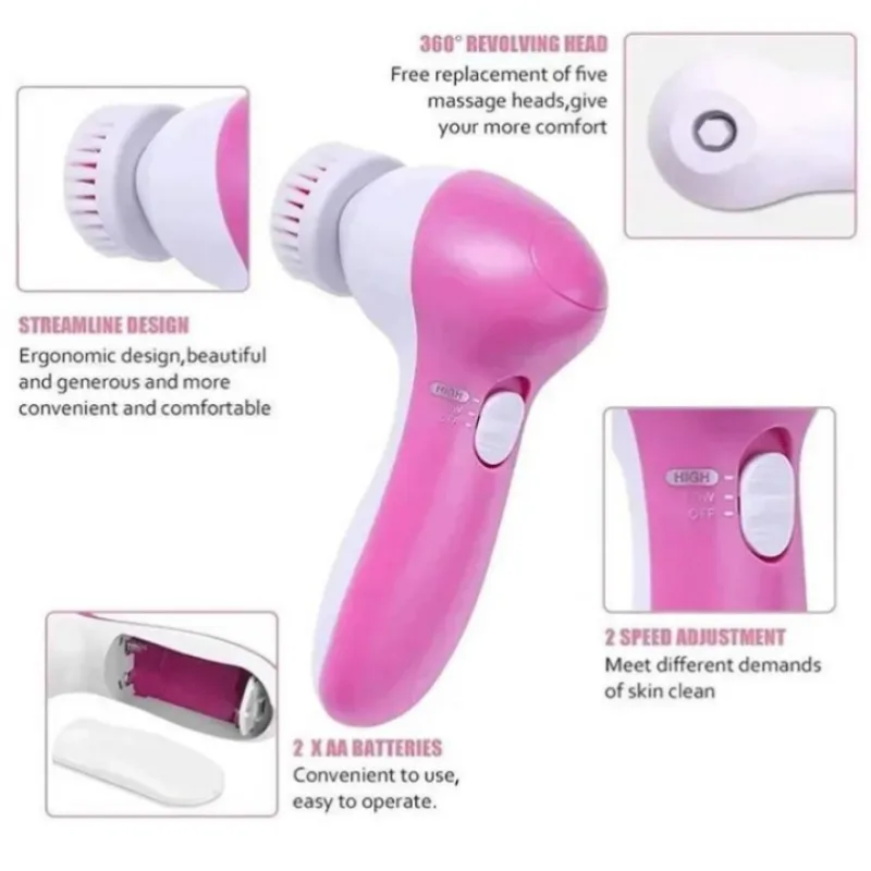 5-in-1 Electric Facial Cleansing Brush &amp; Pore Massager – Deep Clean Skin Care Device (Pink) view 4